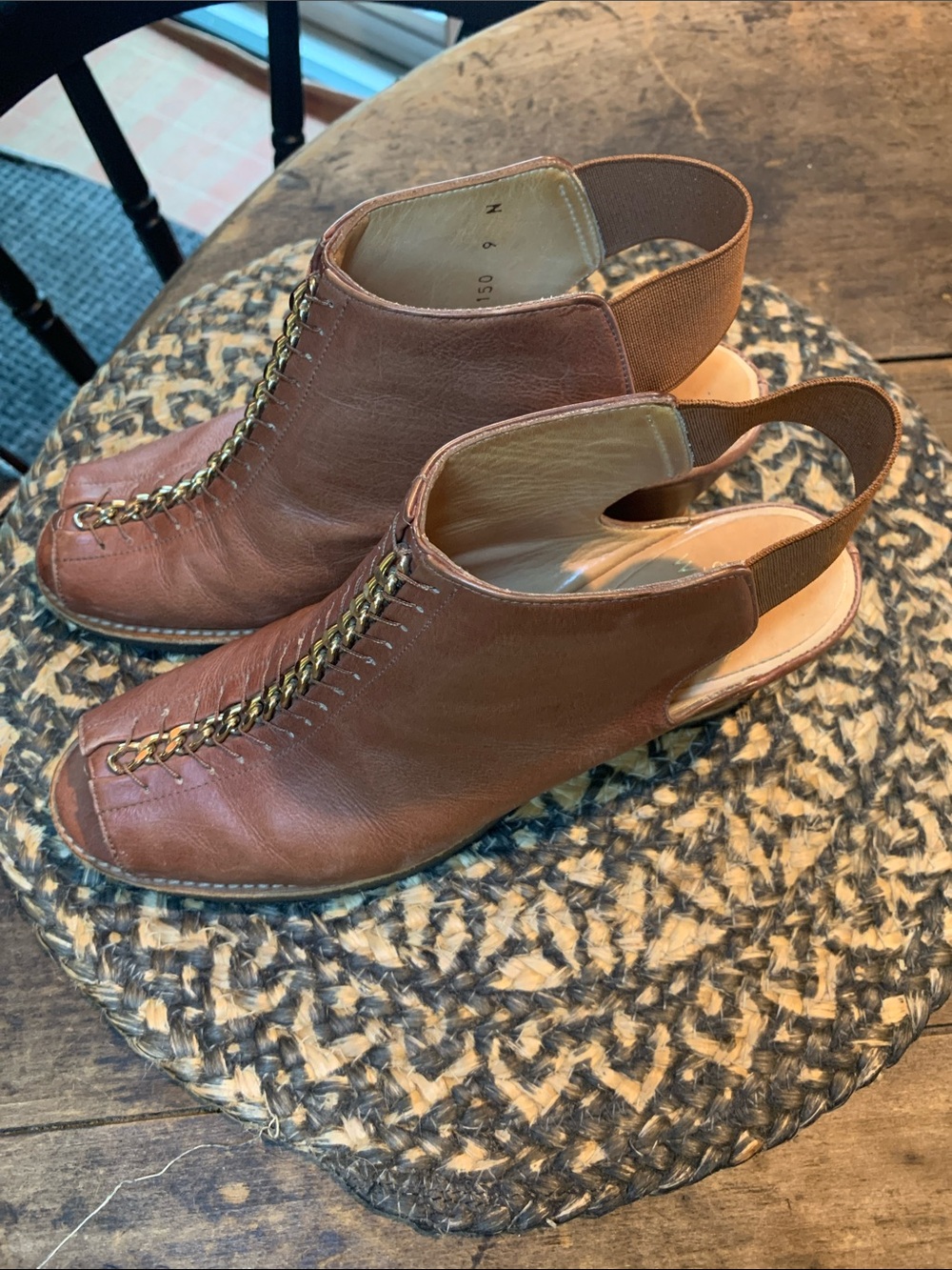 Stuart Weitzman Brown Leather Slingback Mules with Gold Chain